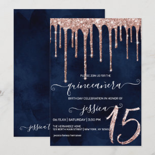 Navy Blue Rose Gold Glitzer Tropfen Quinceañera Einladung