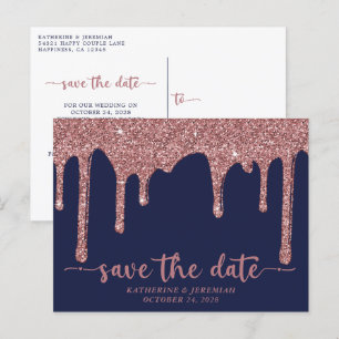 Navy Blue Rose Gold Glitzer Tropfen Save the Date Ankündigungspostkarte