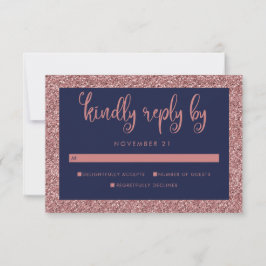 Navy Blue Rose Gold Glitzer Wedding Guest UAWG RSVP Karte