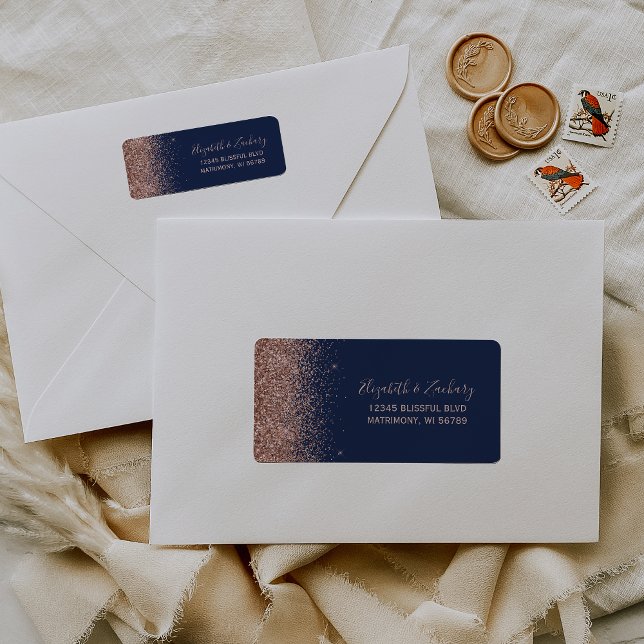 Navy Blue Rose Gold Glitzer Wedding Rücksendeadres (Von Creator hochgeladen)