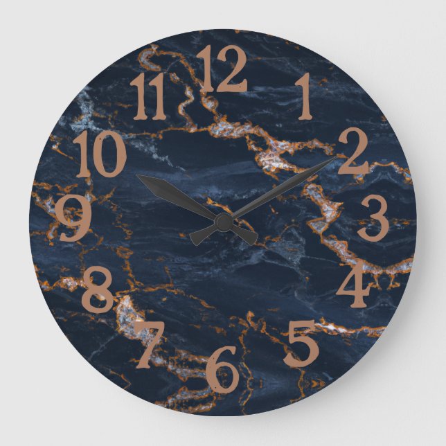 Navy Blue Rose Gold Marble Agate Große Wanduhr (Vorderseite)
