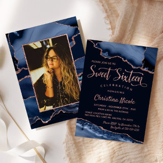 Navy Blue Rose Gold Marble Agate Sweet 16 Foto Einladung