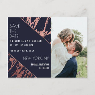 Navy Blue Rose Gold Marble Diagonal Save the Date Postkarte