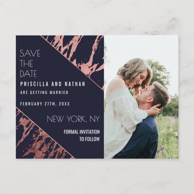 Navy Blue Rose Gold Marble Diagonal Save the Date Postkarte (Vorderseite)