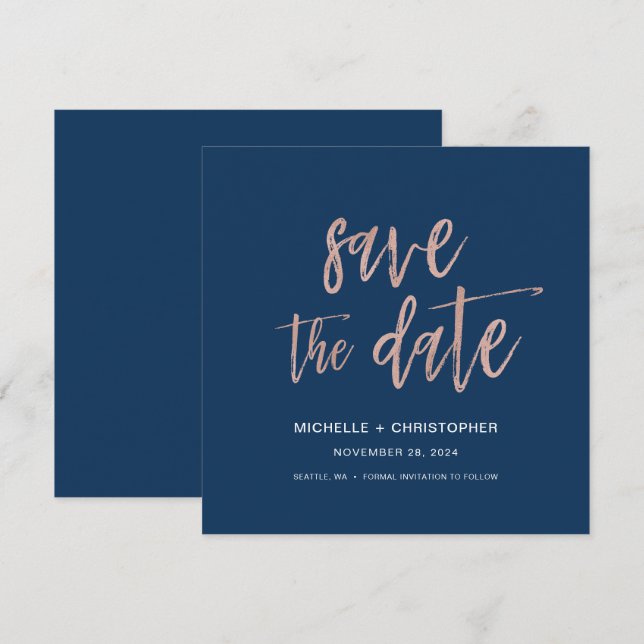 Navy Blue & Rose Gold Save the Date Square Card (Vorne/Hinten)