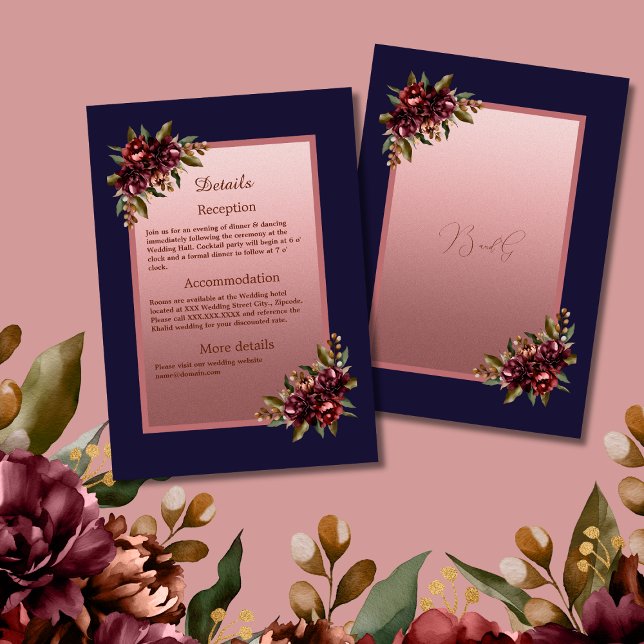 Navy Blue Rose Gold Script Burgundy floral wedding Begleitkarte (Von Creator hochgeladen)