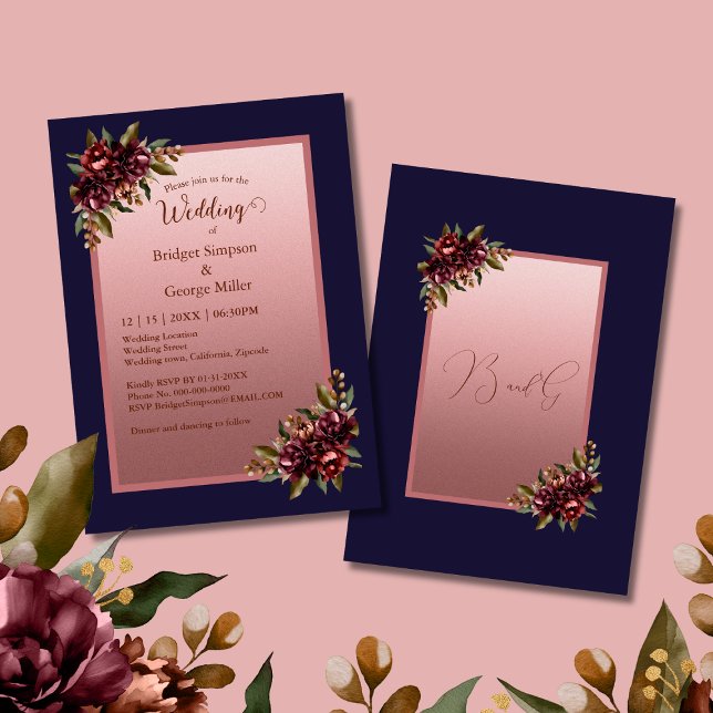 Navy Blue Rose Gold Script Burgundy floral wedding Einladung (Von Creator hochgeladen)