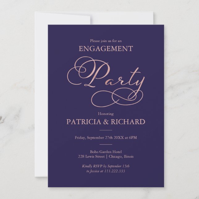 Navy Blue Rose Gold Script Engagement Party Einladung (Vorderseite)