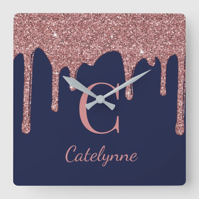 Navy Blue Rose Gold Sparkass Glitzer Tropfen Monog Quadratische Wanduhr (Vorderseite)
