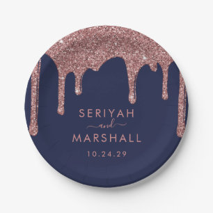 Navy Blue Rose Gold Sparkle Glitzer Tropfen Hochze Pappteller