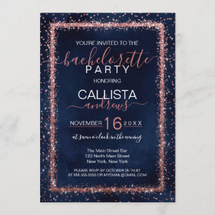 Navy Blue Rose Gold Sprinkle Confetti Bachelorette Einladung