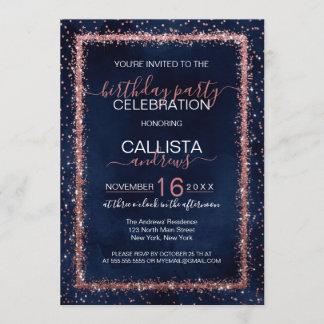 Navy Blue Rose Gold Sprinkled Confetti Geburtstag Einladung