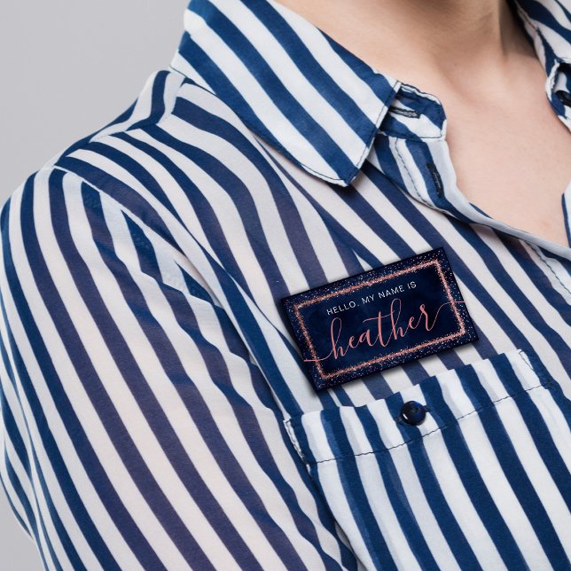 Navy Blue Rose Gold Sprinkled Confetti Party Namenschild (Von Creator hochgeladen)