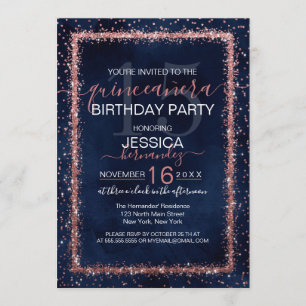 Navy Blue Rose Gold Sprinkled Confetti Quinceañera Einladung
