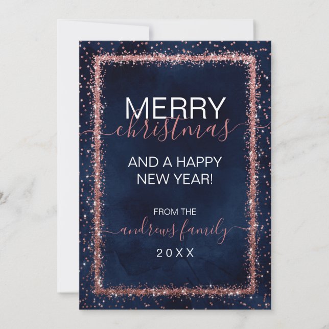 Navy Blue Rose Gold Sprinkled Confetti Weihnachten (Vorderseite)