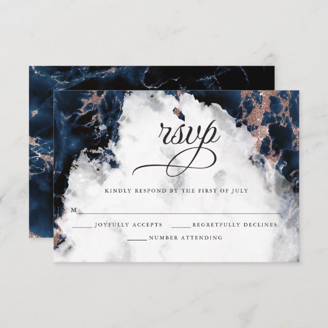 Navy Blue Rose Gold Watercolor Geode RSVP Card (Vorne/Hinten)