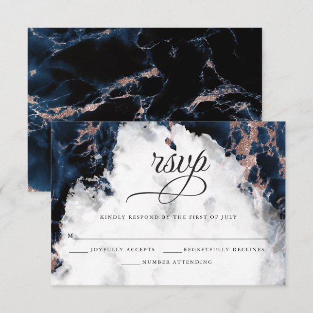 Navy Blue Rose Gold Watercolor Geode RSVP Card Karte (Vorne/Hinten)