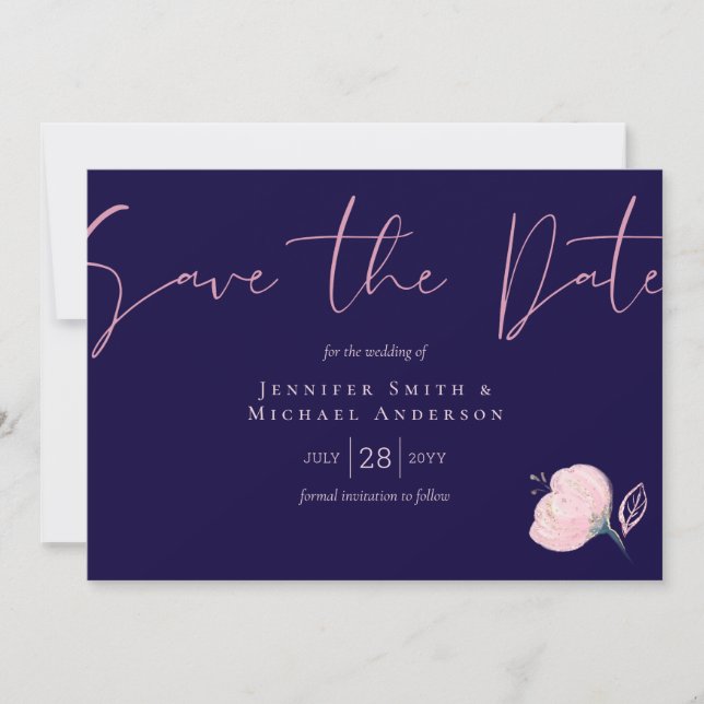 Navy Blue Rose Gold Wedding rettet das Datumsbudge (Vorderseite)
