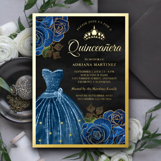 Navy Blue Rose Gown Black Quinceanera Gold Folieneinladung