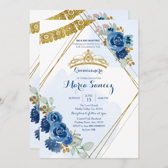 Navy Blue Rose Mis Quince Einladung (Vorne/Hinten)