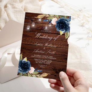 Navy Blue Rose Rustic Wood Wedding Einladung