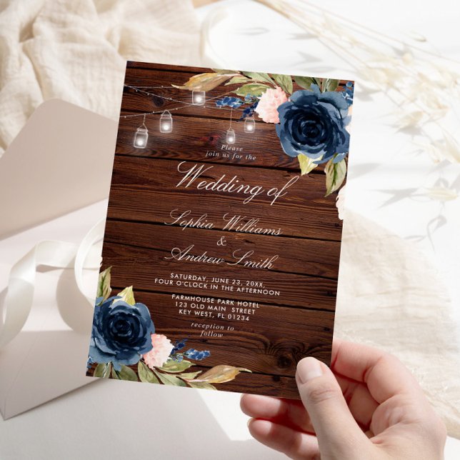 Navy Blue Rose Rustic Wood Wedding Einladung (Von Creator hochgeladen)