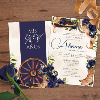 Navy Blue Rose Vintag Charro Western Quinceanera Einladung
