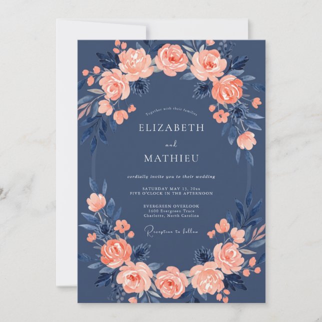Navy Blue Rose Wedding Einladung (Vorderseite)