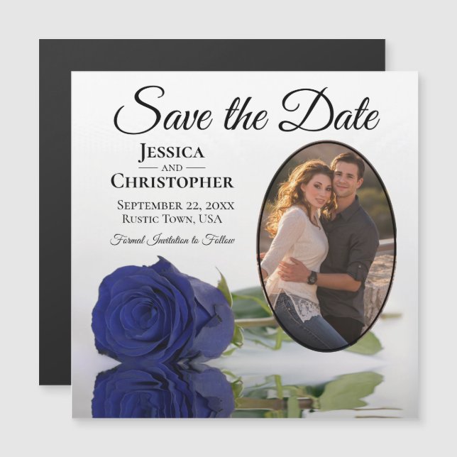 Navy Blue Rose Wedding Save the Date Foto Magnet (Vorne/Hinten)