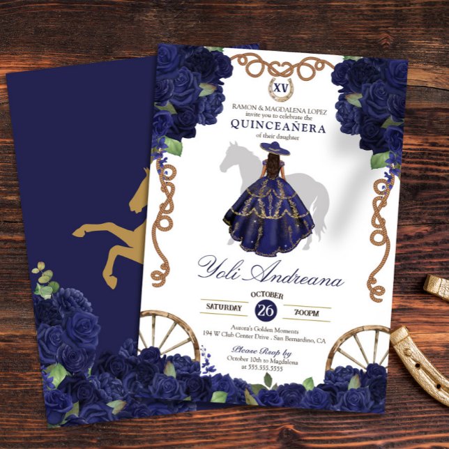 Navy Blue Rosen Floral Country Western Quinceanera Einladung (Von Creator hochgeladen)