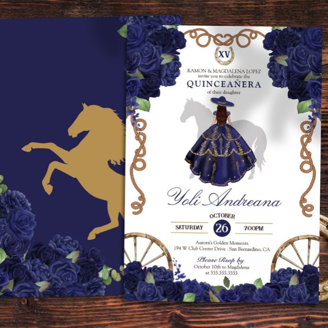 Navy Blue Rosen Floral Country Western Quinceanera Einladung (Von Creator hochgeladen)