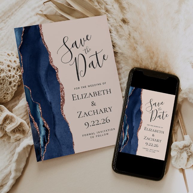 Navy Blue Rosen Gold Agate Blush Save the Date (Von Creator hochgeladen)