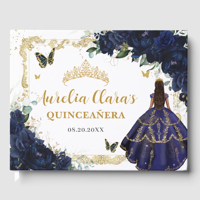 Navy Blue Roses Floral Princess Gold Quinceanera Gästebuch (Vorderseite)