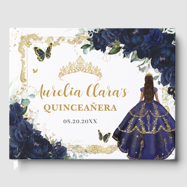 Navy Blue Roses Floral Princess Gold Quinceanera Gästebuch (Vorderseite)