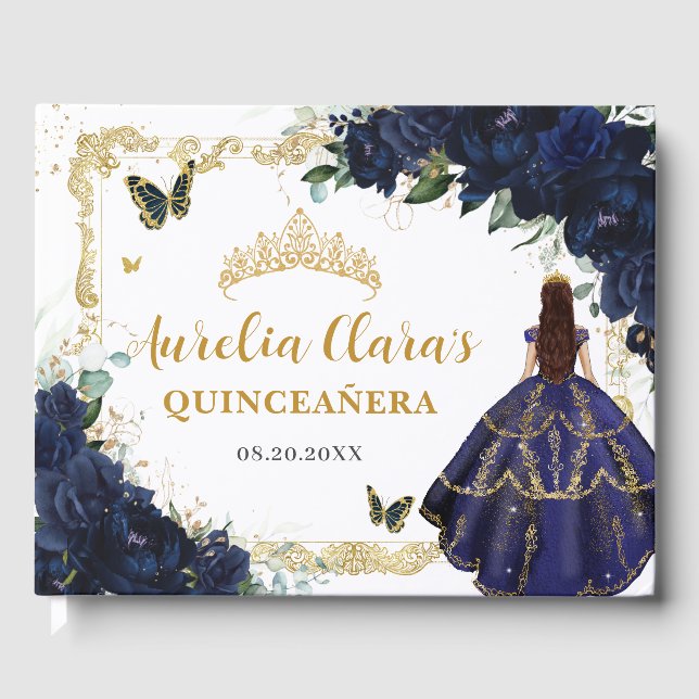 Navy Blue Roses Floral Princess Gold Quinceanera  Gästebuch (Vorderseite)