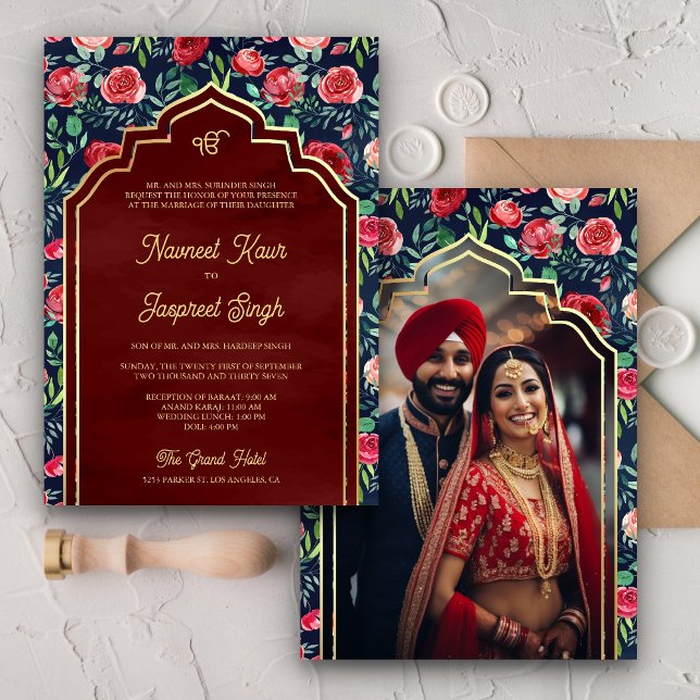 Navy Blue Rote Rosen Foto Anand Karaj Sikh Wedding Einladung (Von Creator hochgeladen)