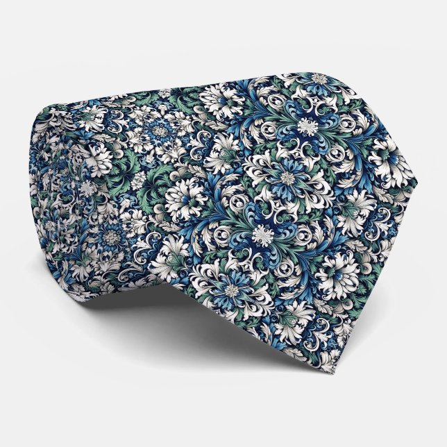 Navy Blue, Royal Blue, Forest Green... Floral Krawatte (Gerollt)