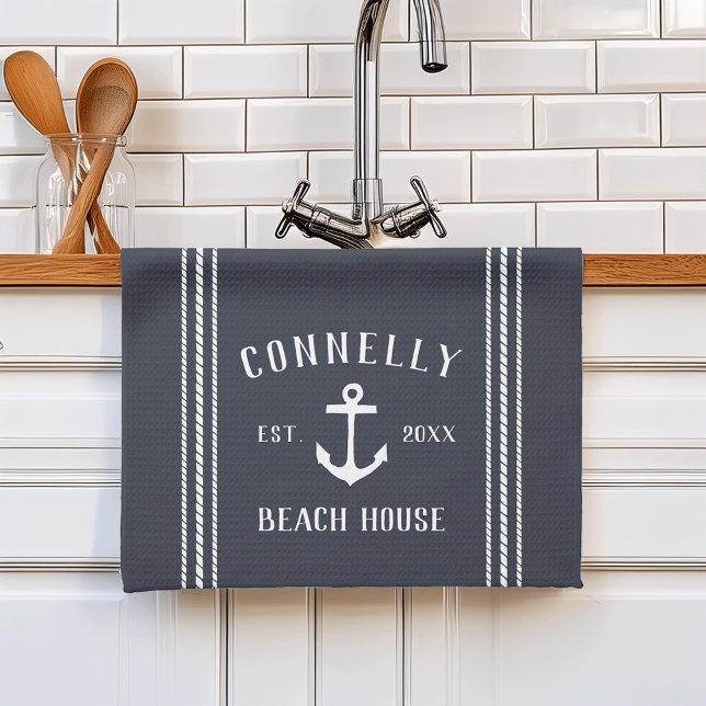 Navy Blue Rustic Anchor Personalisiert Beach House Geschirrtuch (Von Creator hochgeladen)