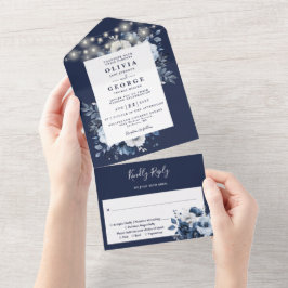 Navy Blue Rustic Boho String Lights Floral Wedding All In One Einladung