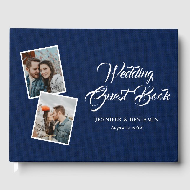 Navy Blue Rustic Burlap Wedding Foto Gästebuch (Vorderseite)