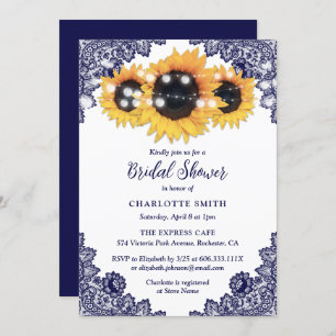 Navy Blue Rustic Chic Lace Sunflower Brautparty Einladung