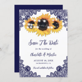 Navy Blue Rustic Chic Lace Sunflower Save The Date