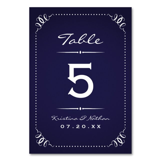 Navy Blue Rustic Chic Tischnummern (Vorderseite)