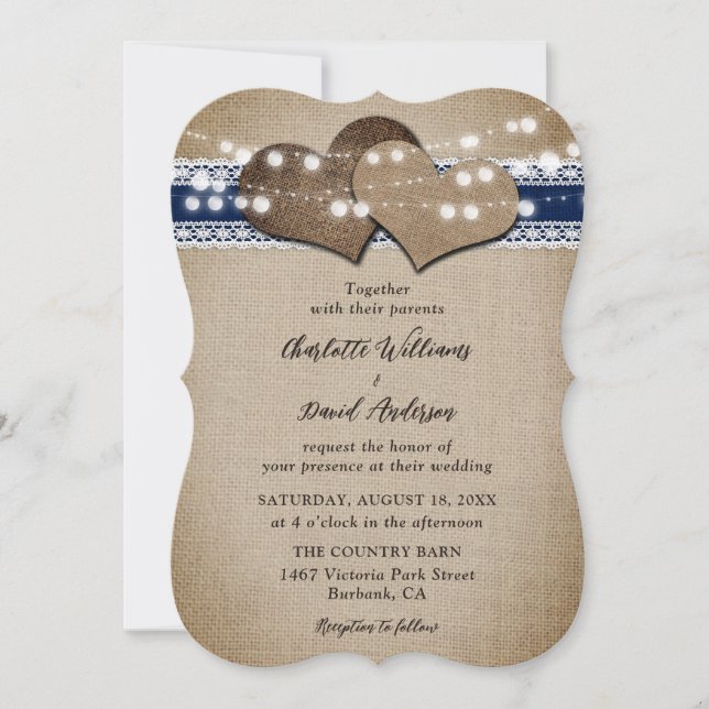 Navy Blue Rustic Country Burlap Lace Hochzeit Einladung (Vorderseite)