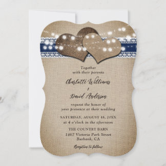 Navy Blue Rustic Country Burlap Lace Hochzeit Einladung