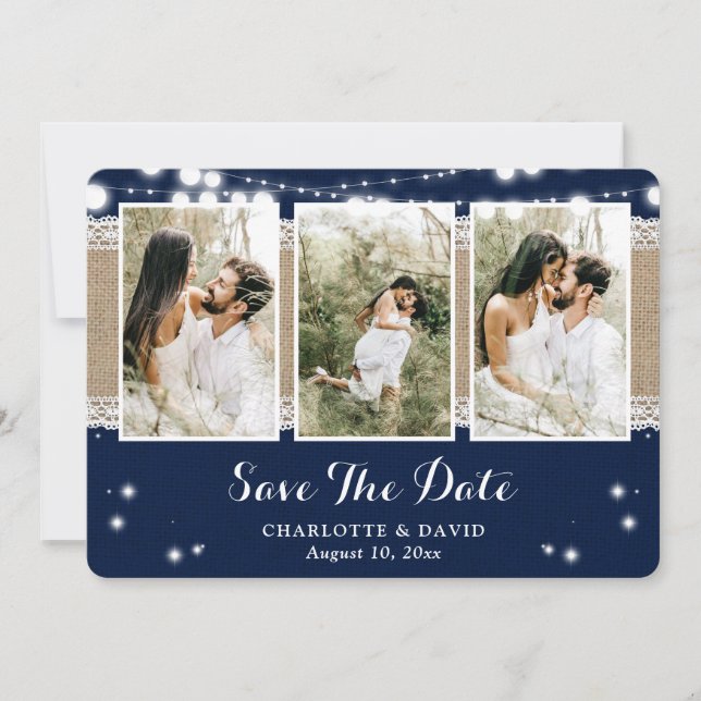 Navy Blue Rustic Country Wedding Foto Save The Date (Vorderseite)