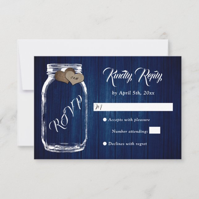 Navy Blue Rustic Country Wood Mason Jar Wedding RSVP Karte (Vorderseite)