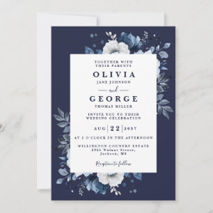 Navy Blue Rustic Elegant Floral QR Code Hochzeit Einladung