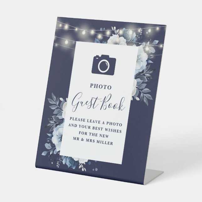 Navy Blue Rustic Floral Foto Guest Book Wedding Sockelschild (Vorderseite)