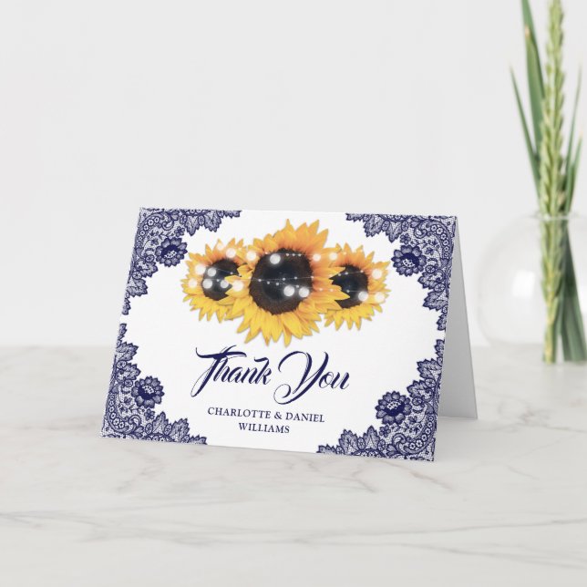 Navy Blue Rustic Floral Lace Sunflower Wedding Dankeskarte (Vorderseite)